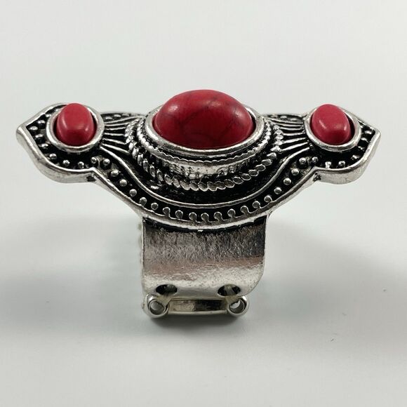 Red Howlite Silver Tone Art Deco Gothic Stretch Band Ring Adjustable Fashion - Picture 3 of 6